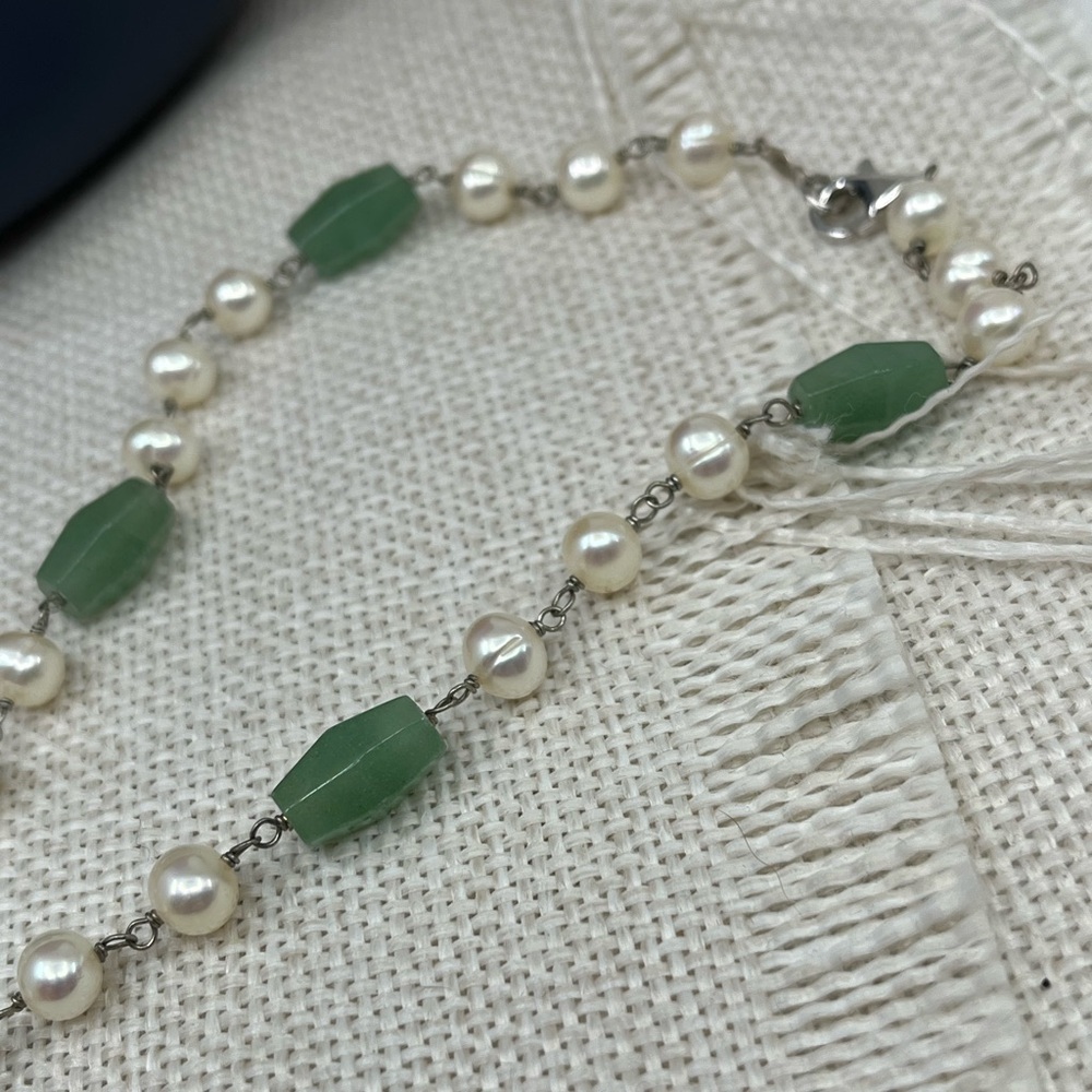 Vintage Green Jade Nephrite & Pearl Sterling Silver Necklace 925 Estate 16" - Picture 13 of 17